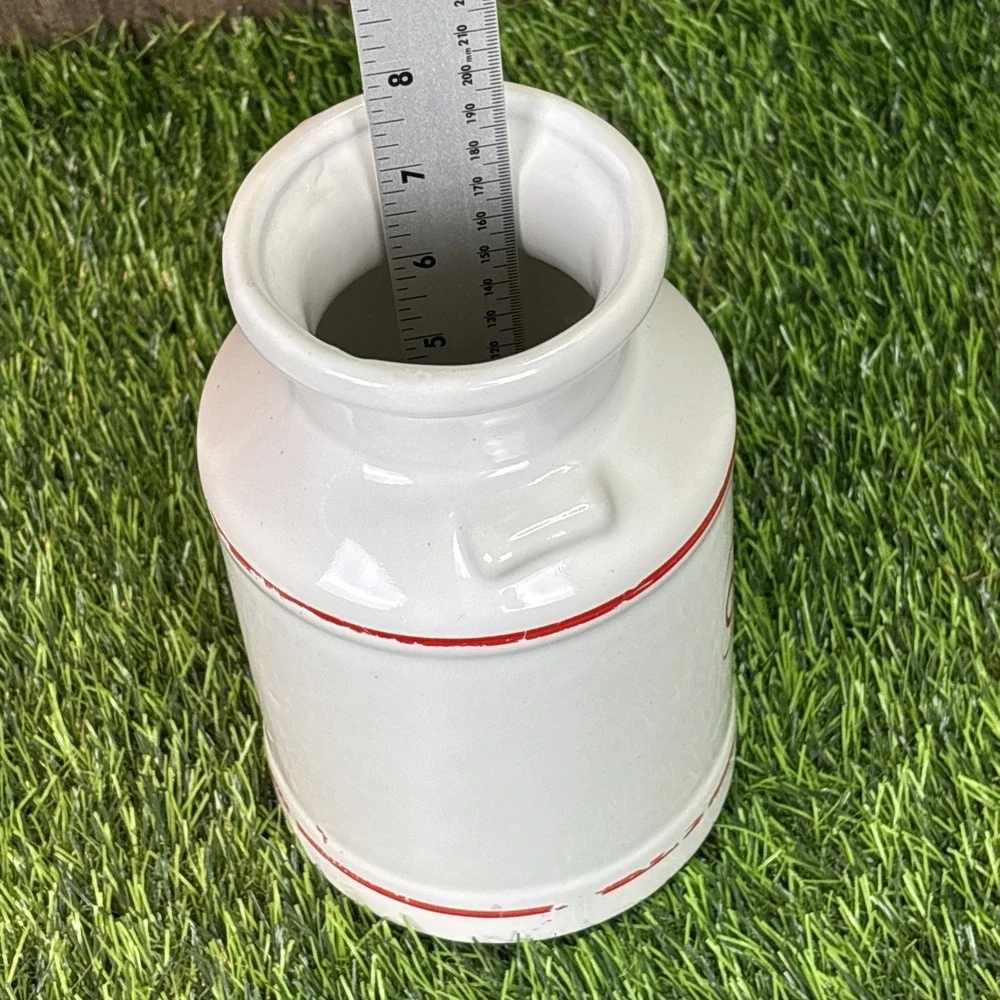 Vintage White‎ Ceramic Cream Canister Jar w Lid Red Lettering Farmhouse